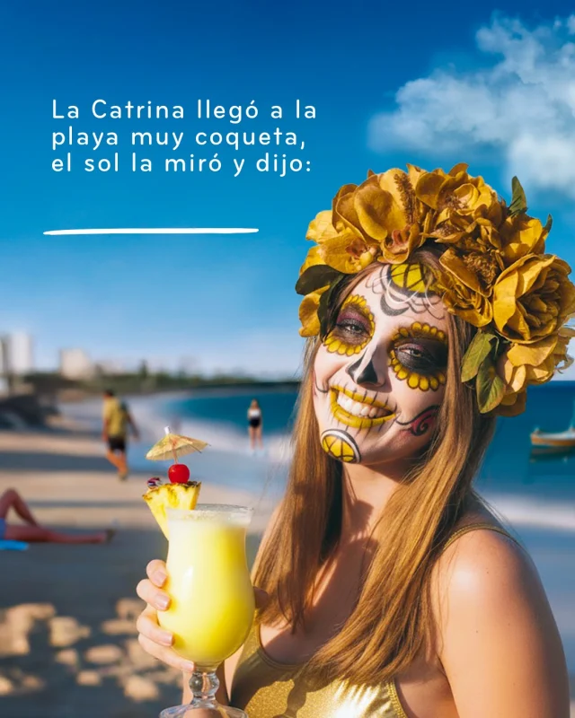La vida es para disfrutarse… pero en la playita con un trago y un poco de humor 🍹🌴⁣
⁣
Completa tu calaverita Golden en comentarios 🌞💀⁣